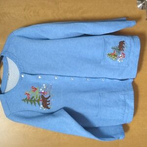 ✨ Vintage Embroidered Cardigan – Blue w/ Bear, Tree & Squirrel Motifs ✨